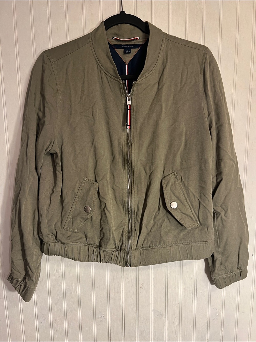 Tommy Hilfiger Olive Bomber Jacket with Flag Zip Pull M